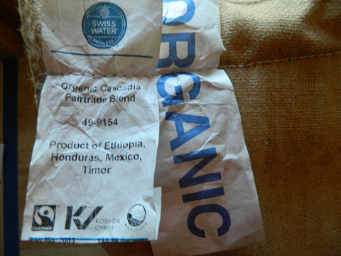 Organic Fair Trade Decaf Cascadia blend SWP coffee bag K